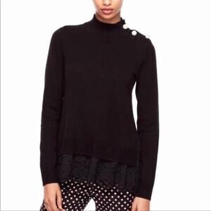 Kate Spade Broome Street Lace Inset Pearl Button Black Sweater Size Small